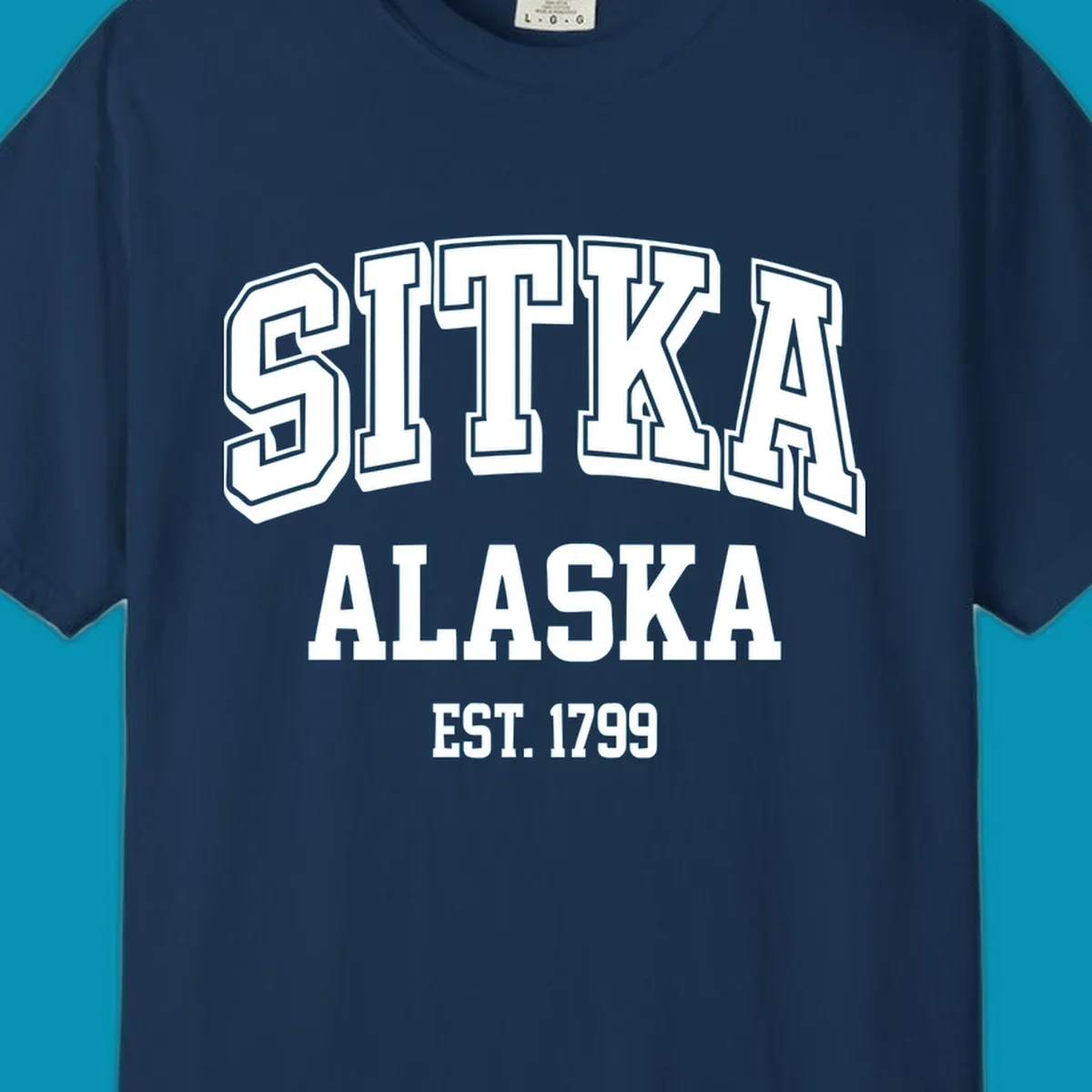 Vintage badge design reading Sitka Alaska Est. 1799 in bold outlined and solid white lettering on gray background