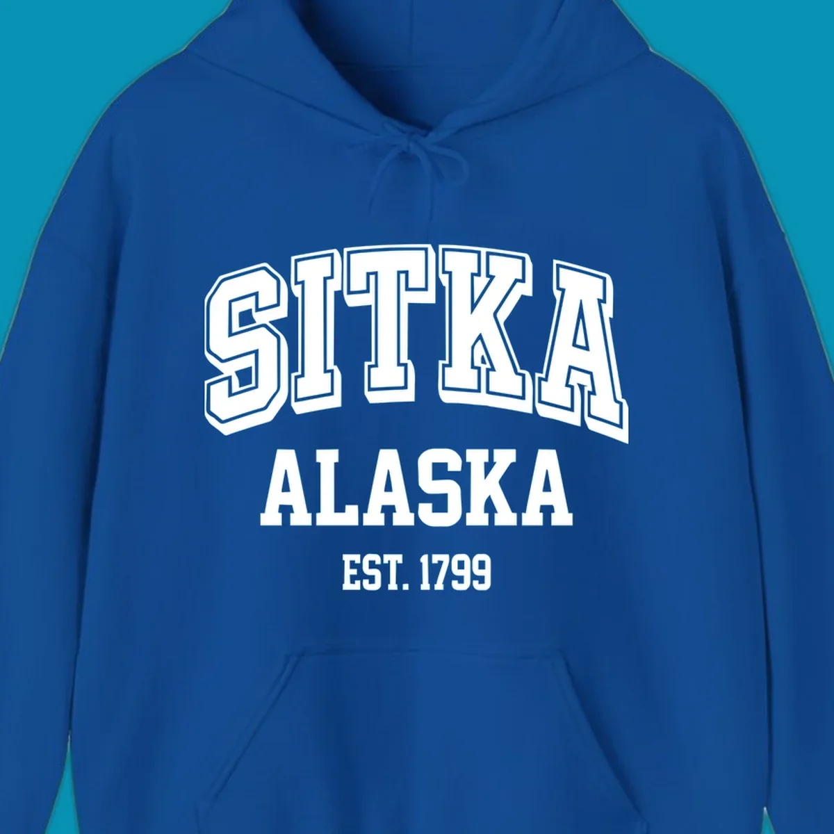 Vintage badge design reading Sitka Alaska Est. 1799 in bold outlined and solid white lettering on gray background