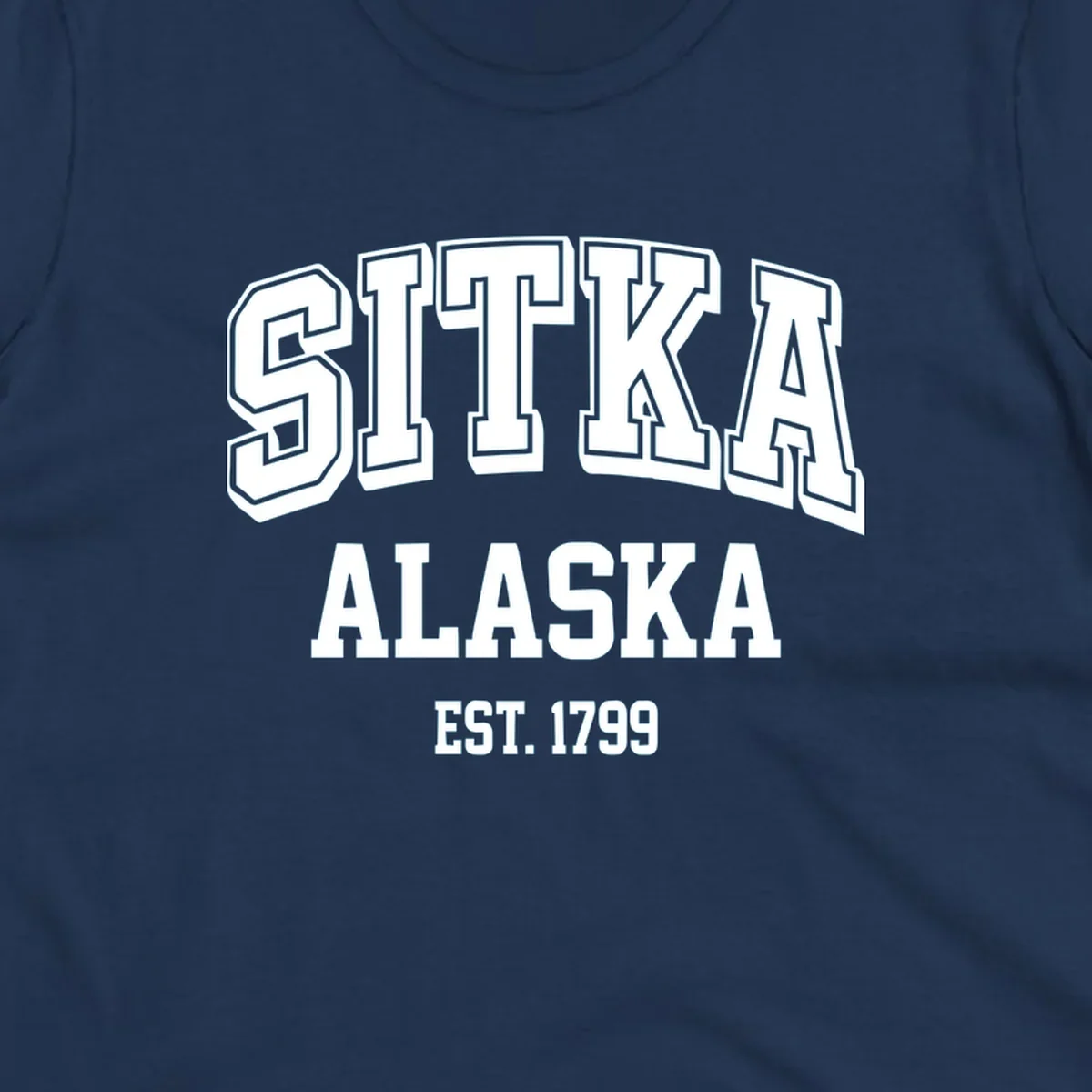 Vintage badge design reading Sitka Alaska Est. 1799 in bold outlined and solid white lettering on gray background