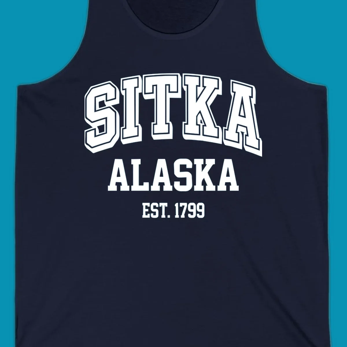 Vintage badge design reading Sitka Alaska Est. 1799 in bold outlined and solid white lettering on gray background