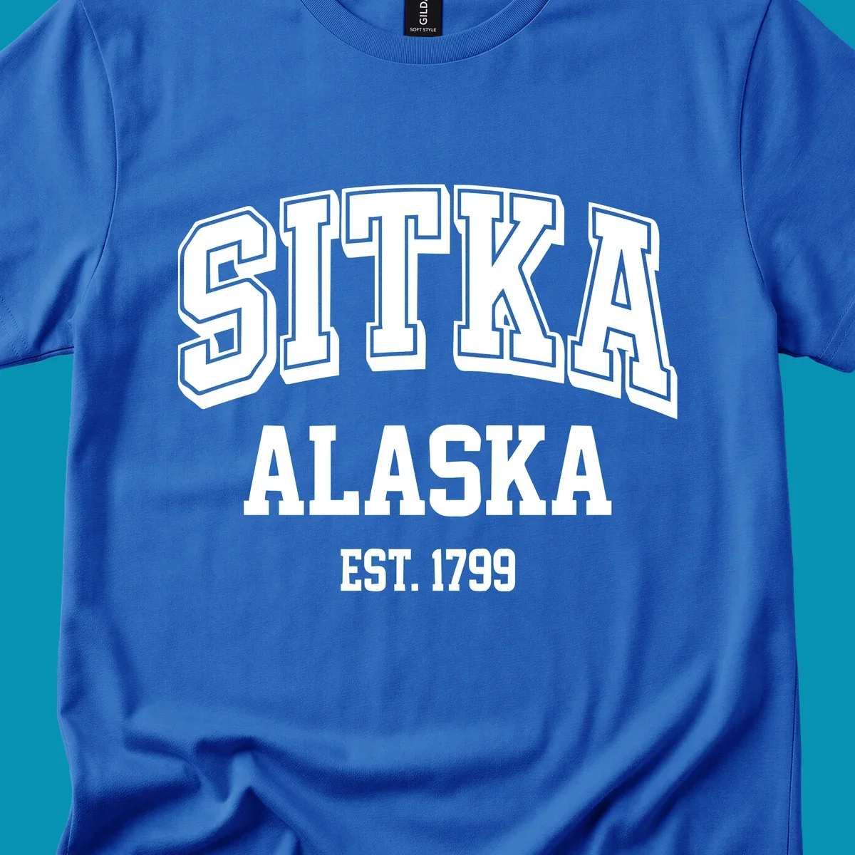 Vintage badge design reading Sitka Alaska Est. 1799 in bold outlined and solid white lettering on gray background