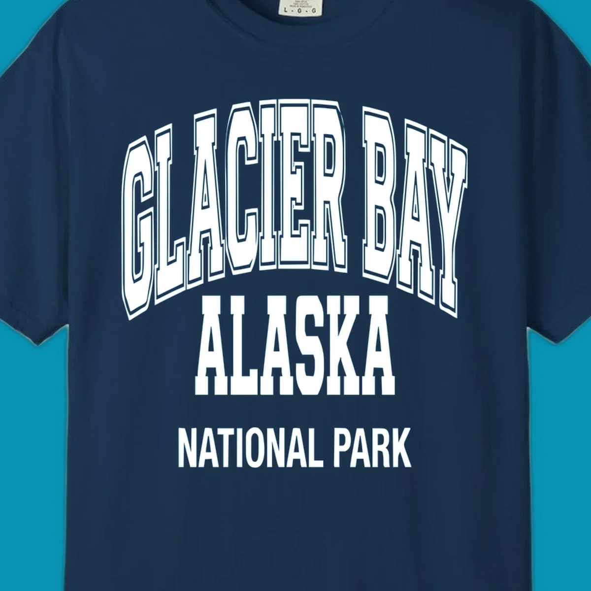 3D block lettering design reading Glacier Bay Alaska National Park with dimensional glacier-inspired styling and icy blue-gray tones