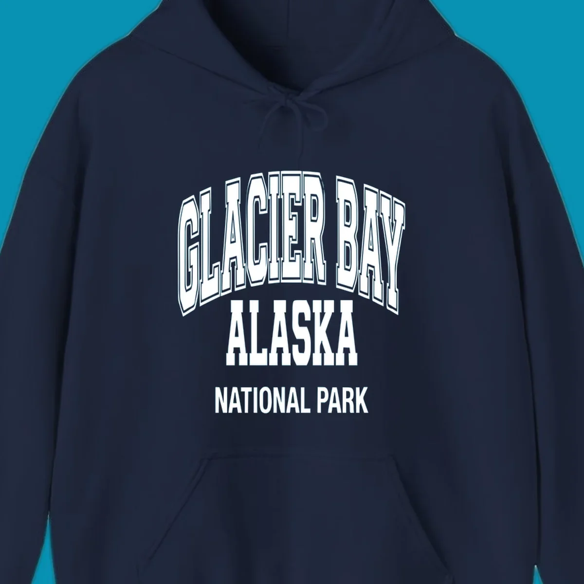 3D block lettering design reading Glacier Bay Alaska National Park with dimensional glacier-inspired styling and icy blue-gray tones