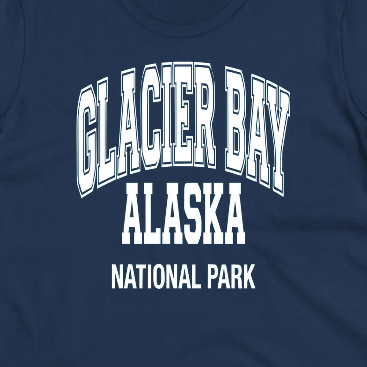 3D block lettering design reading Glacier Bay Alaska National Park with dimensional glacier-inspired styling and icy blue-gray tones