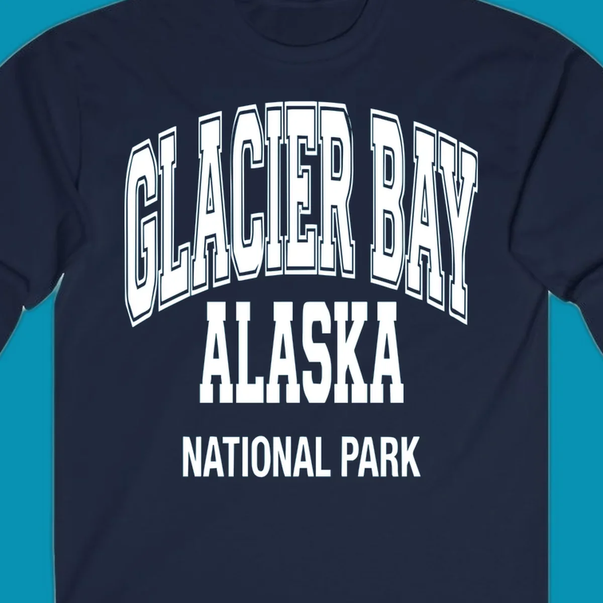 3D block lettering design reading Glacier Bay Alaska National Park with dimensional glacier-inspired styling and icy blue-gray tones