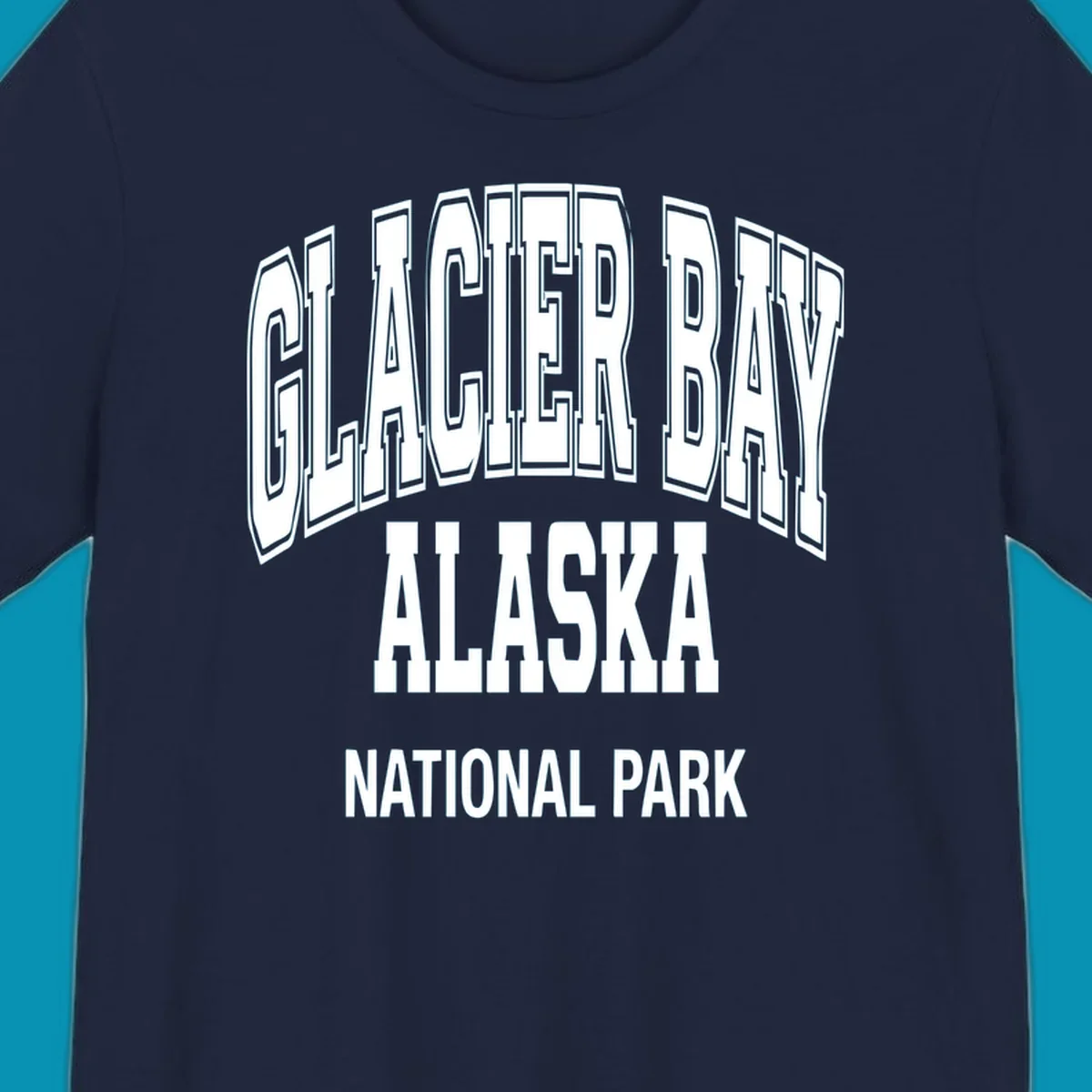 3D block lettering design reading Glacier Bay Alaska National Park with dimensional glacier-inspired styling and icy blue-gray tones