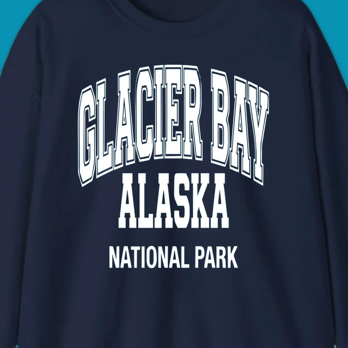 3D block lettering design reading Glacier Bay Alaska National Park with dimensional glacier-inspired styling and icy blue-gray tones