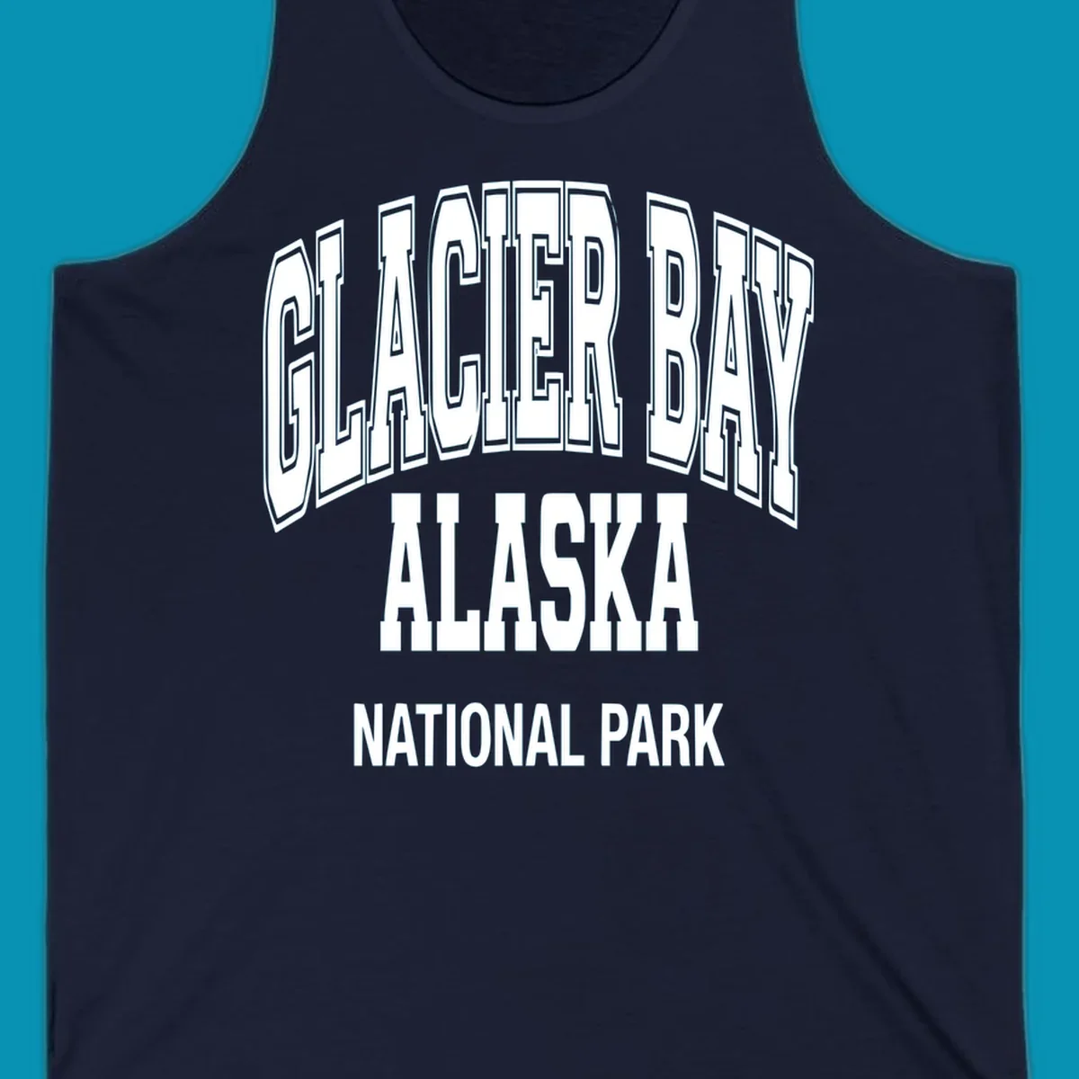 3D block lettering design reading Glacier Bay Alaska National Park with dimensional glacier-inspired styling and icy blue-gray tones