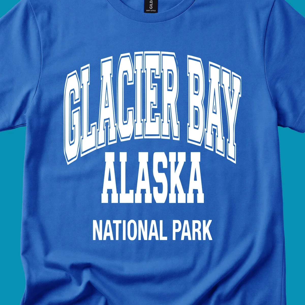 3D block lettering design reading Glacier Bay Alaska National Park with dimensional glacier-inspired styling and icy blue-gray tones