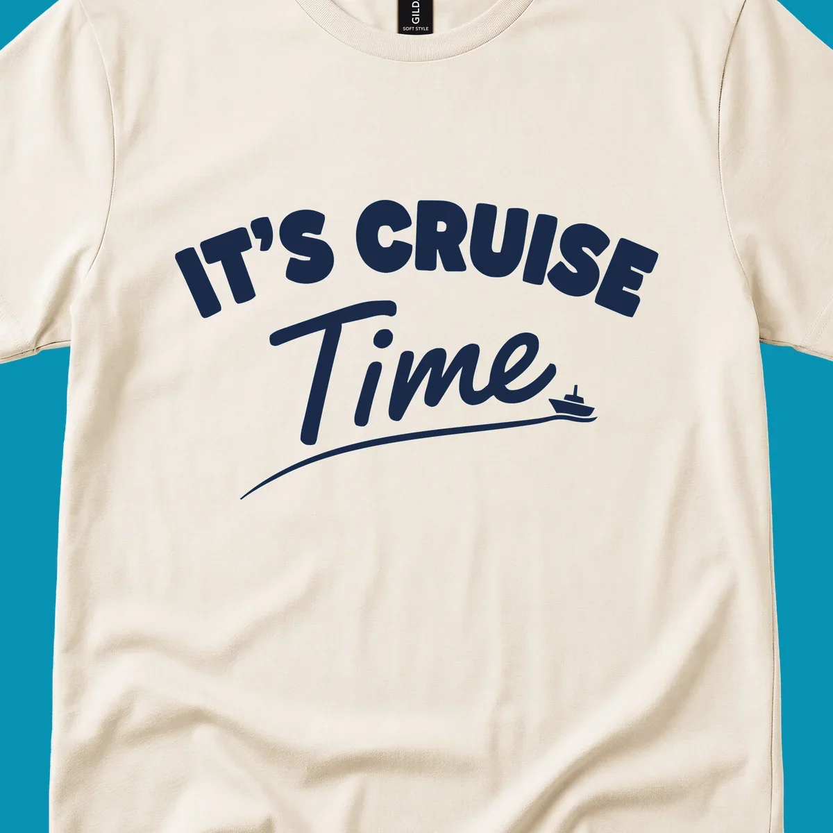 White text reading 'IT'S CRUISE TIME' with a small cruise ship and wave illustration on gray background