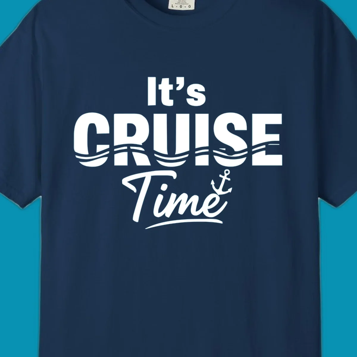 Bold white text reading 'It's Cruise Time' with integrated wavy lines and anchor symbol on gray background, nautical cruise design