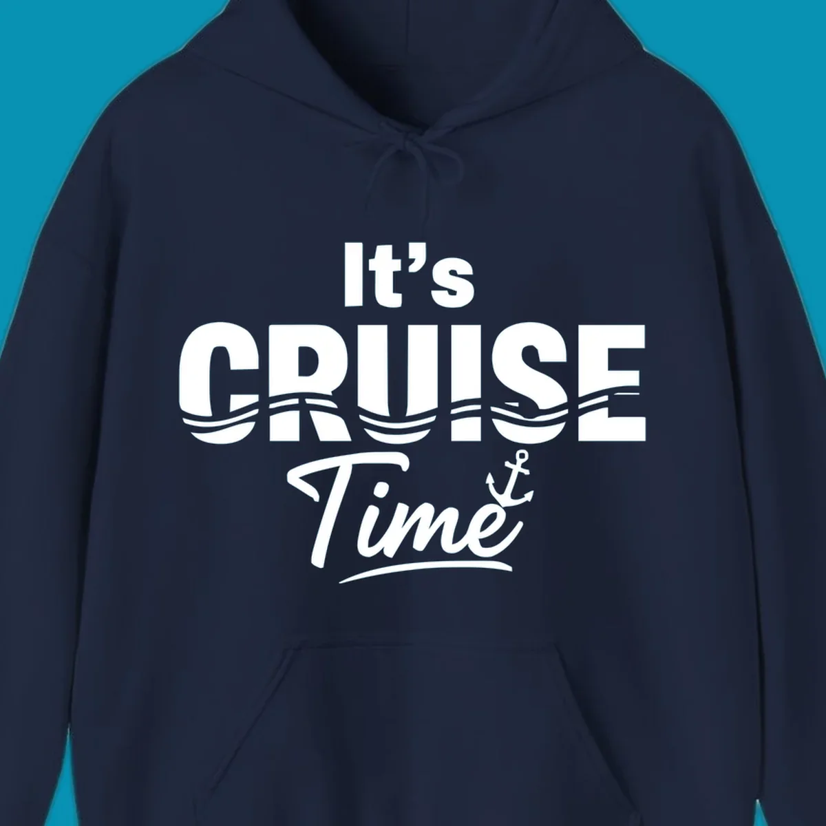 Bold white text reading 'It's Cruise Time' with integrated wavy lines and anchor symbol on gray background, nautical cruise design