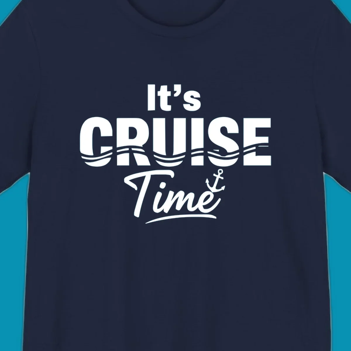 Bold white text reading 'It's Cruise Time' with integrated wavy lines and anchor symbol on gray background, nautical cruise design