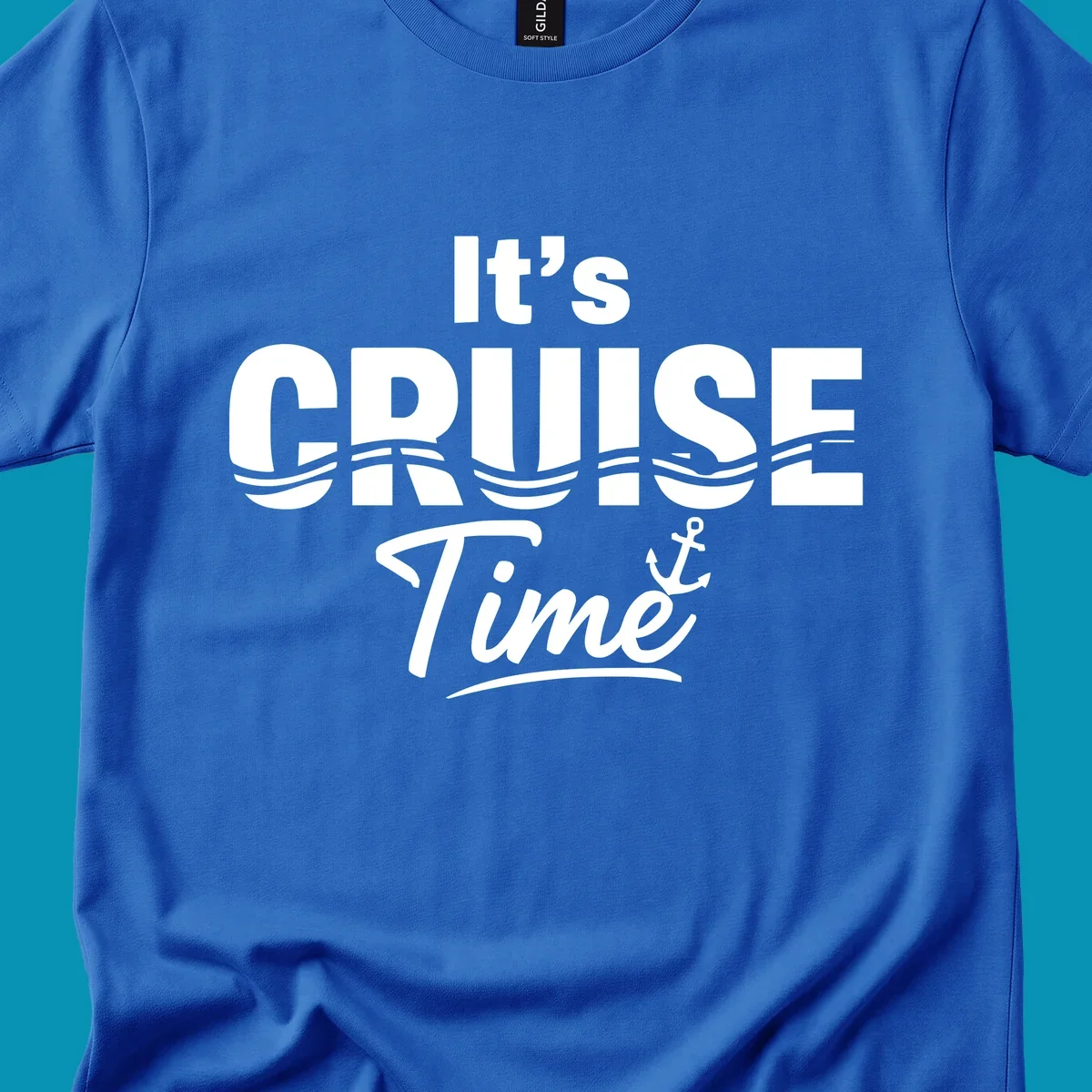 Bold white text reading 'It's Cruise Time' with integrated wavy lines and anchor symbol on gray background, nautical cruise design