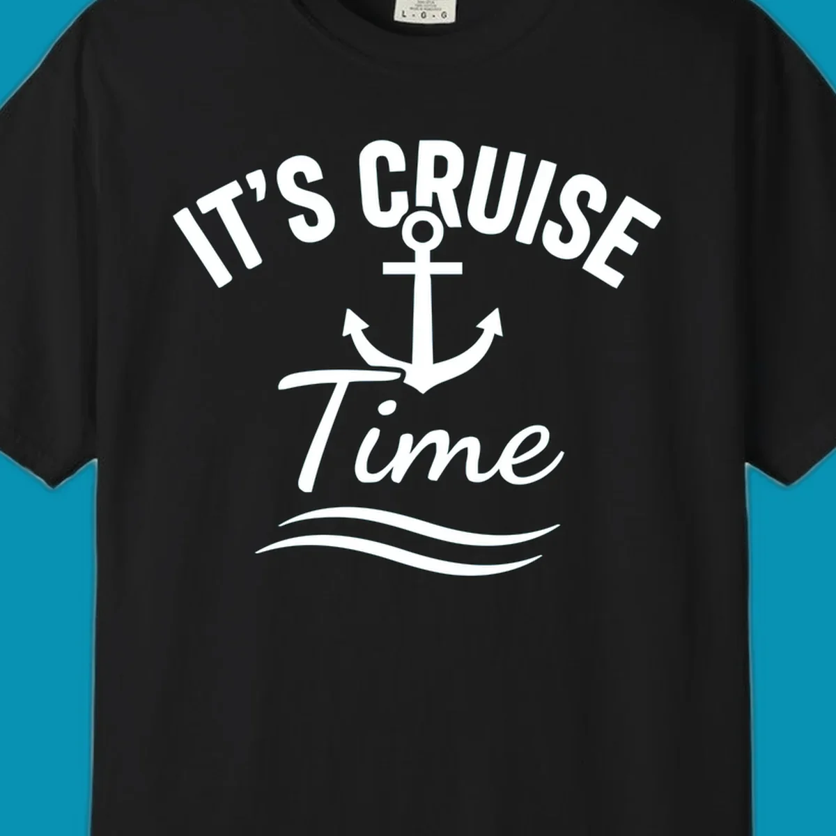 White anchor with curved arrows and wavy ocean lines beneath text reading 'IT'S CRUISE TIME' on gray background
