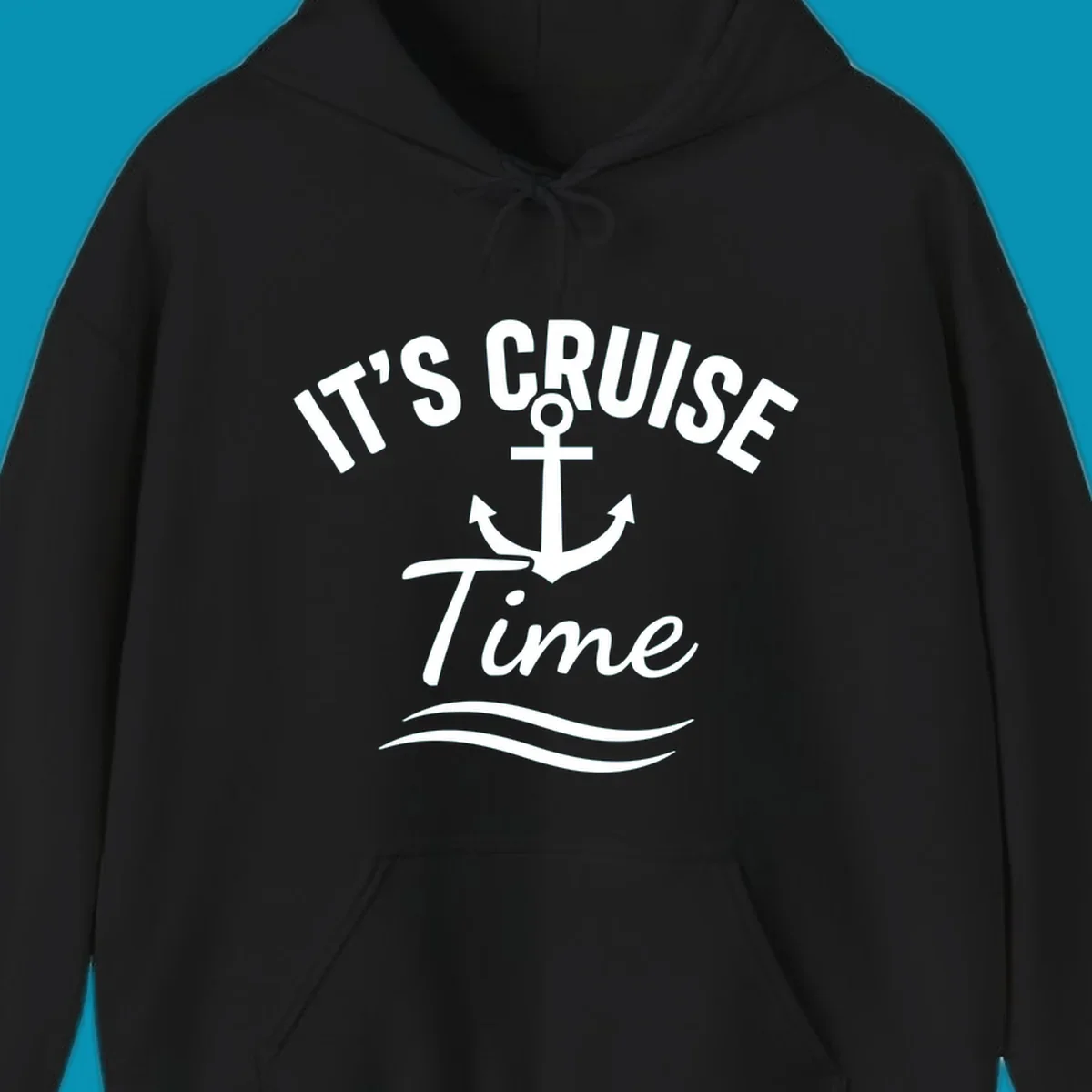 White anchor with curved arrows and wavy ocean lines beneath text reading 'IT'S CRUISE TIME' on gray background