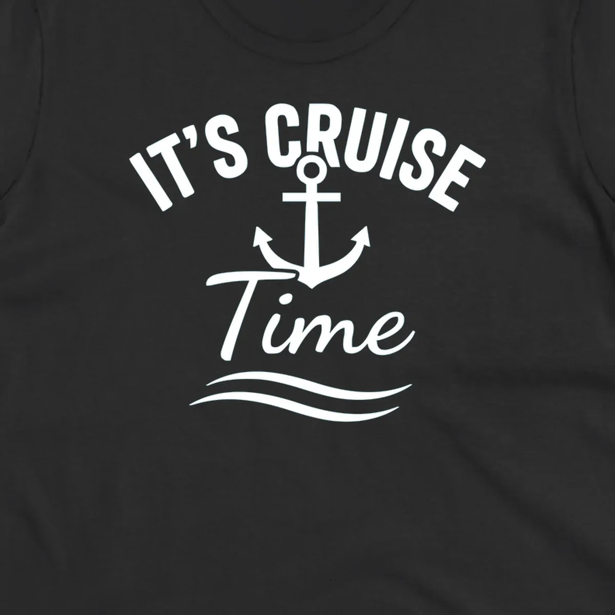 White anchor with curved arrows and wavy ocean lines beneath text reading 'IT'S CRUISE TIME' on gray background