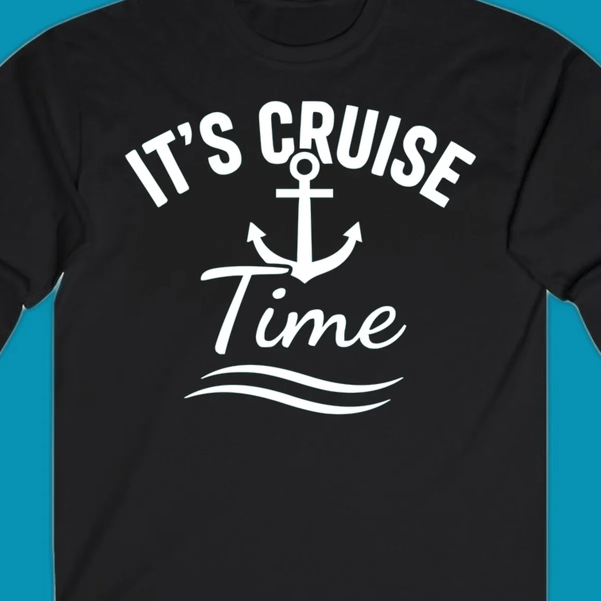 White anchor with curved arrows and wavy ocean lines beneath text reading 'IT'S CRUISE TIME' on gray background