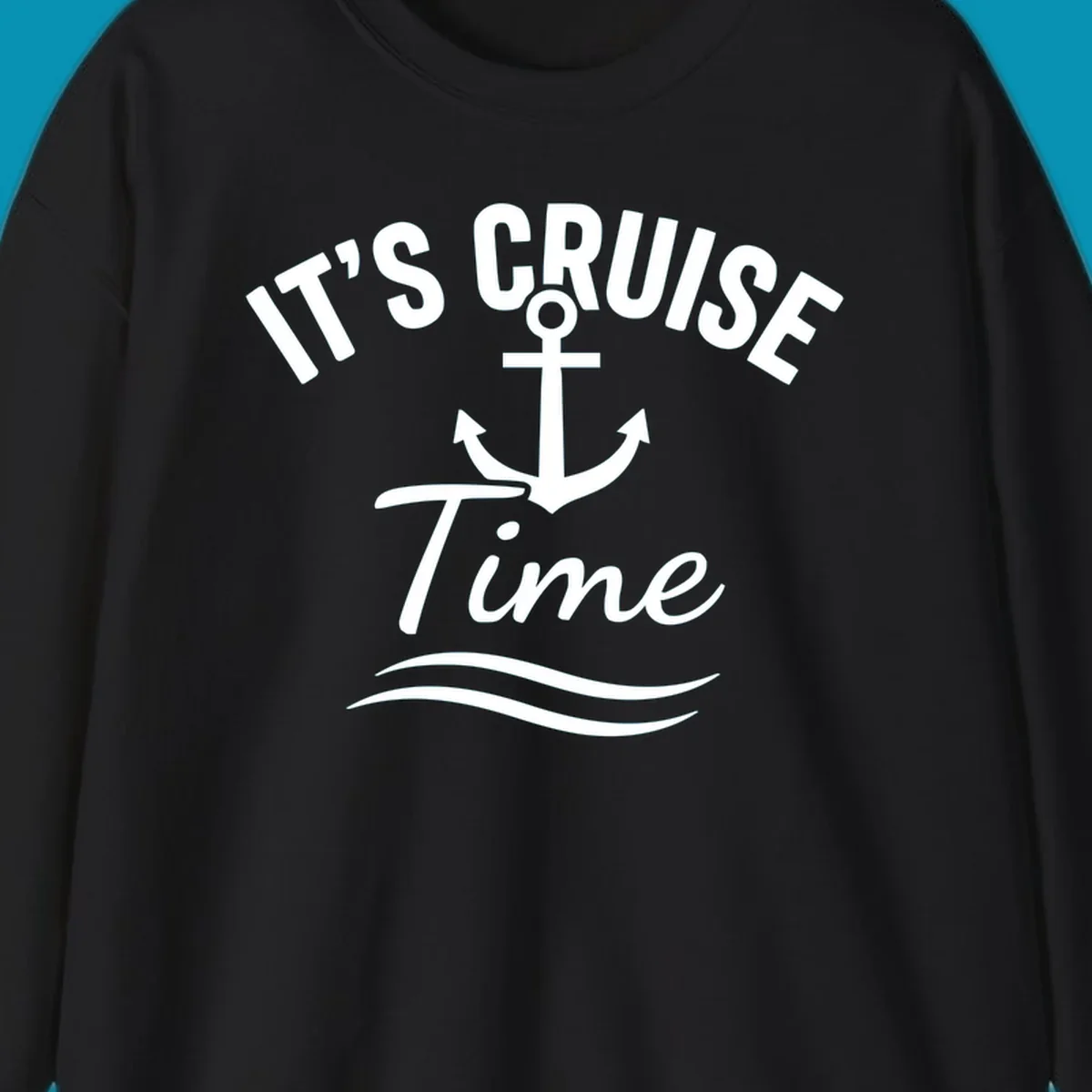 White anchor with curved arrows and wavy ocean lines beneath text reading 'IT'S CRUISE TIME' on gray background