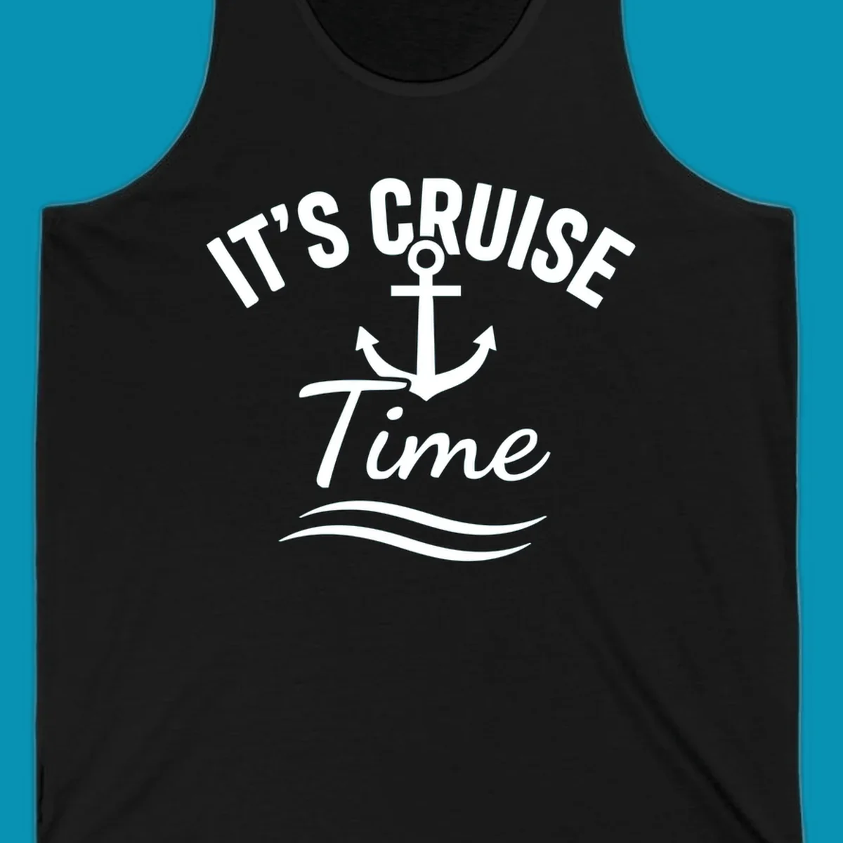 White anchor with curved arrows and wavy ocean lines beneath text reading 'IT'S CRUISE TIME' on gray background