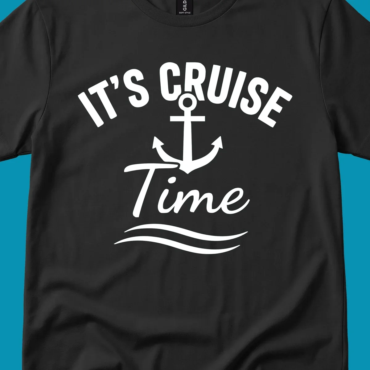 White anchor with curved arrows and wavy ocean lines beneath text reading 'IT'S CRUISE TIME' on gray background