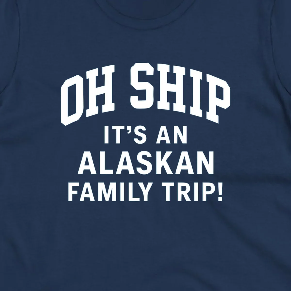 White and gray typography design with 'OH SHIP' pun and 'IT'S AN ALASKAN FAMILY TRIP!' text for cruise apparel