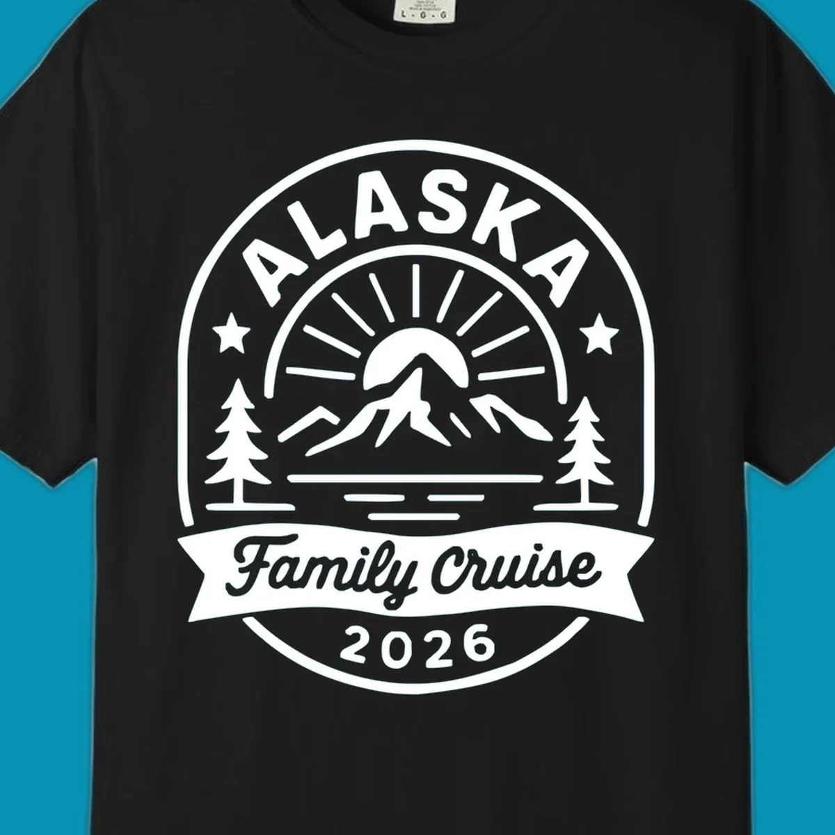 Vintage circular badge with Alaska family cruise 2026 text, mountain, sun rays, trees and stars design in white on gray
