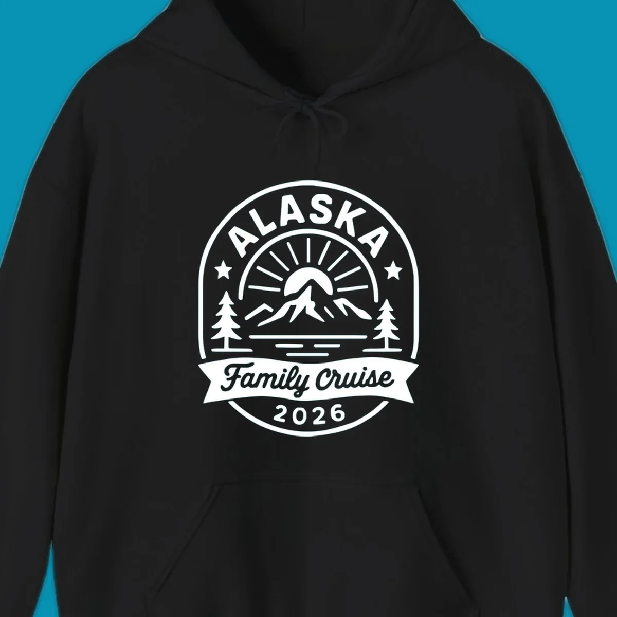 Vintage circular badge with Alaska family cruise 2026 text, mountain, sun rays, trees and stars design in white on gray