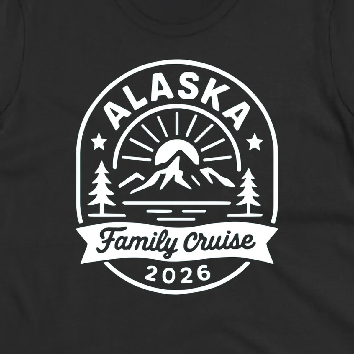 Vintage circular badge with Alaska family cruise 2026 text, mountain, sun rays, trees and stars design in white on gray