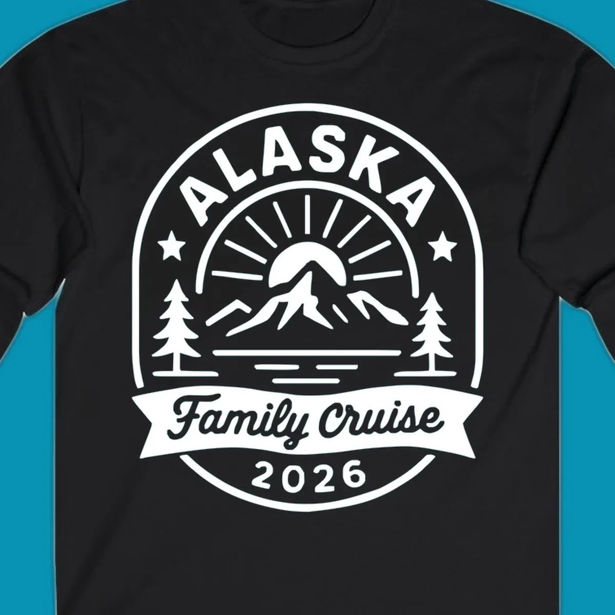 Vintage circular badge with Alaska family cruise 2026 text, mountain, sun rays, trees and stars design in white on gray