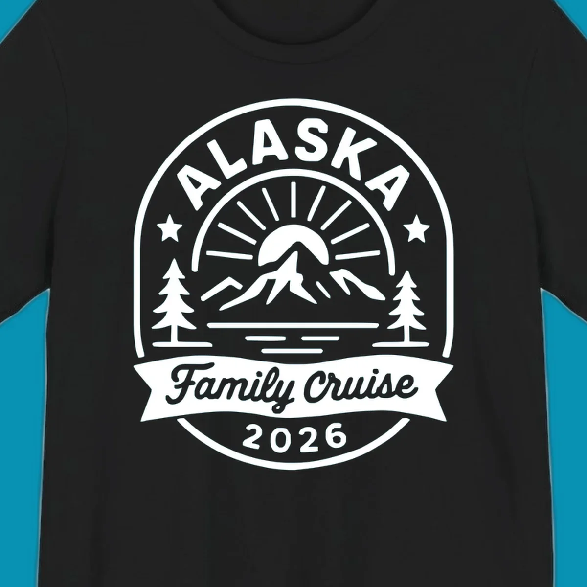 Vintage circular badge with Alaska family cruise 2026 text, mountain, sun rays, trees and stars design in white on gray