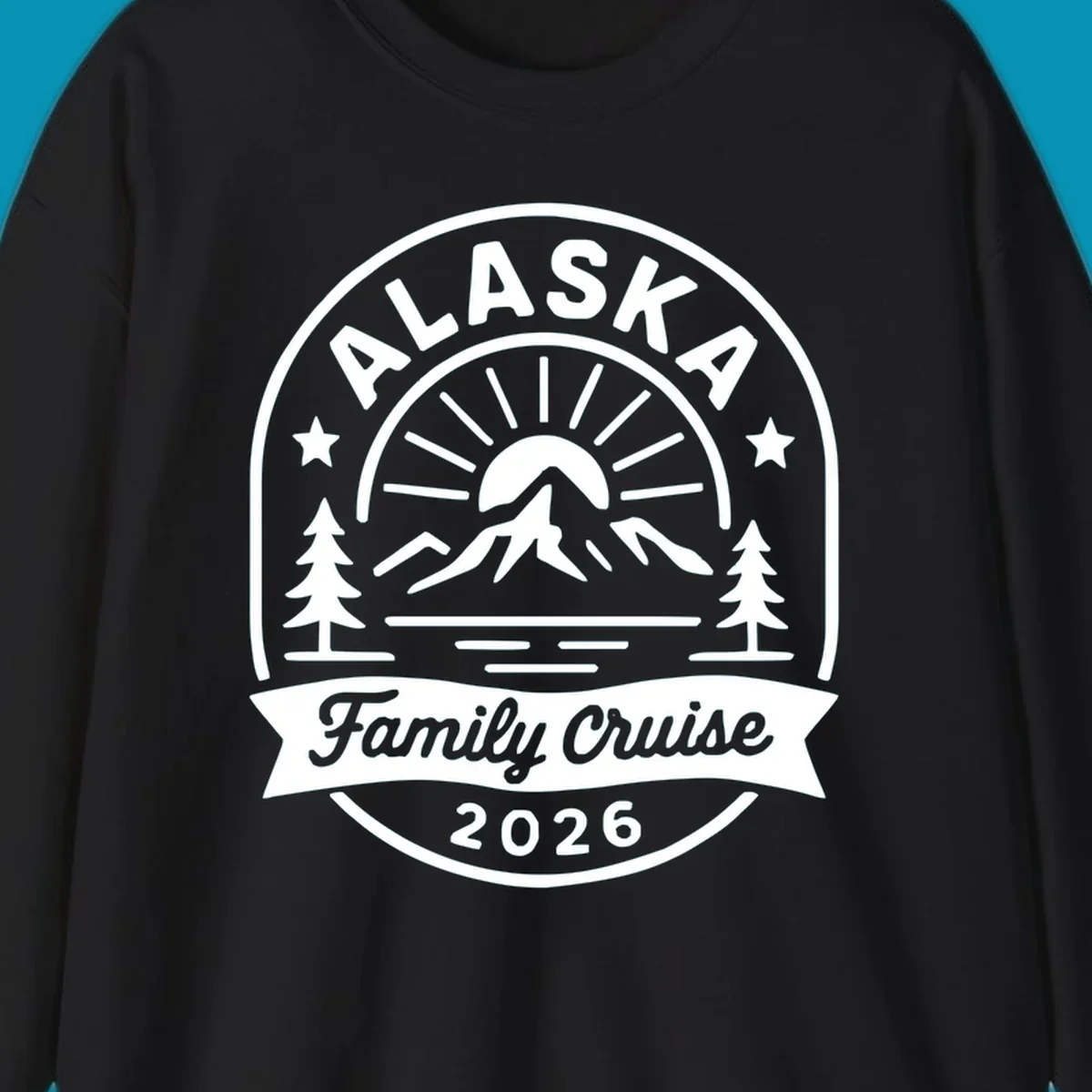 Vintage circular badge with Alaska family cruise 2026 text, mountain, sun rays, trees and stars design in white on gray