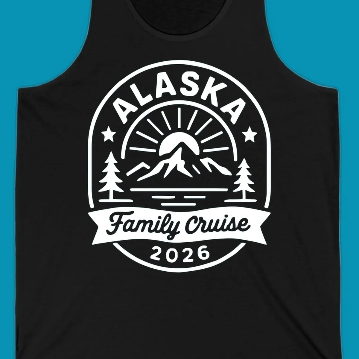 Vintage circular badge with Alaska family cruise 2026 text, mountain, sun rays, trees and stars design in white on gray
