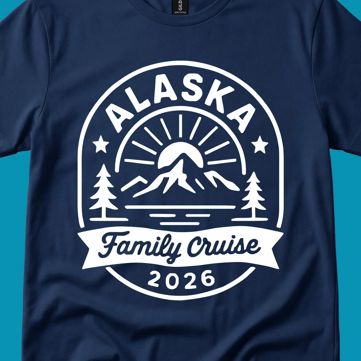 Vintage circular badge with Alaska family cruise 2026 text, mountain, sun rays, trees and stars design in white on gray