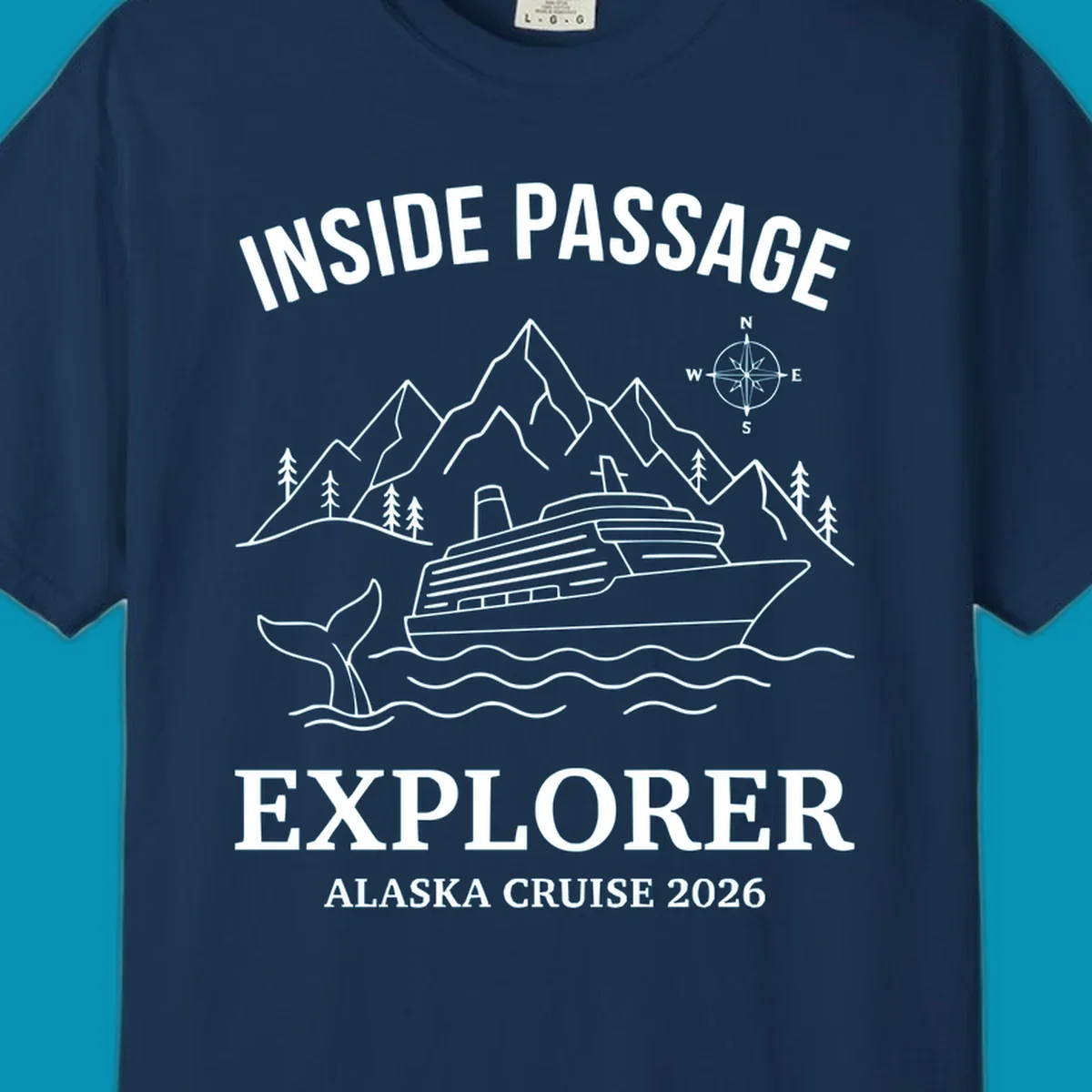 Line-art illustration of Inside Passage Explorer Alaska cruise design featuring cruise ship, mountains, whale, and compass rose