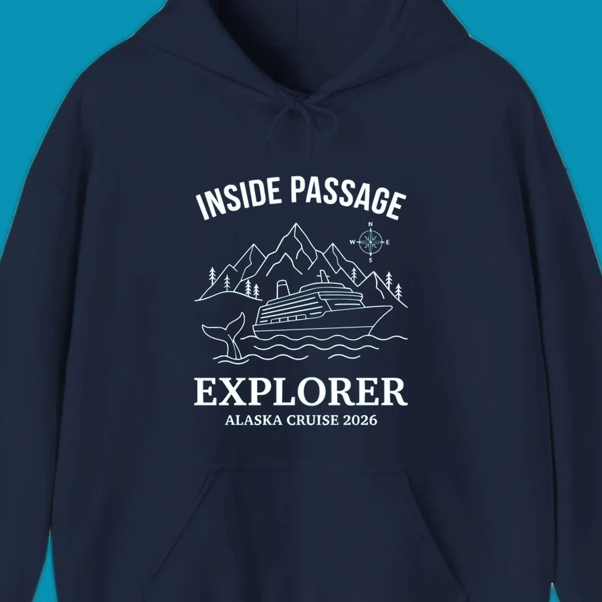 Line-art illustration of Inside Passage Explorer Alaska cruise design featuring cruise ship, mountains, whale, and compass rose