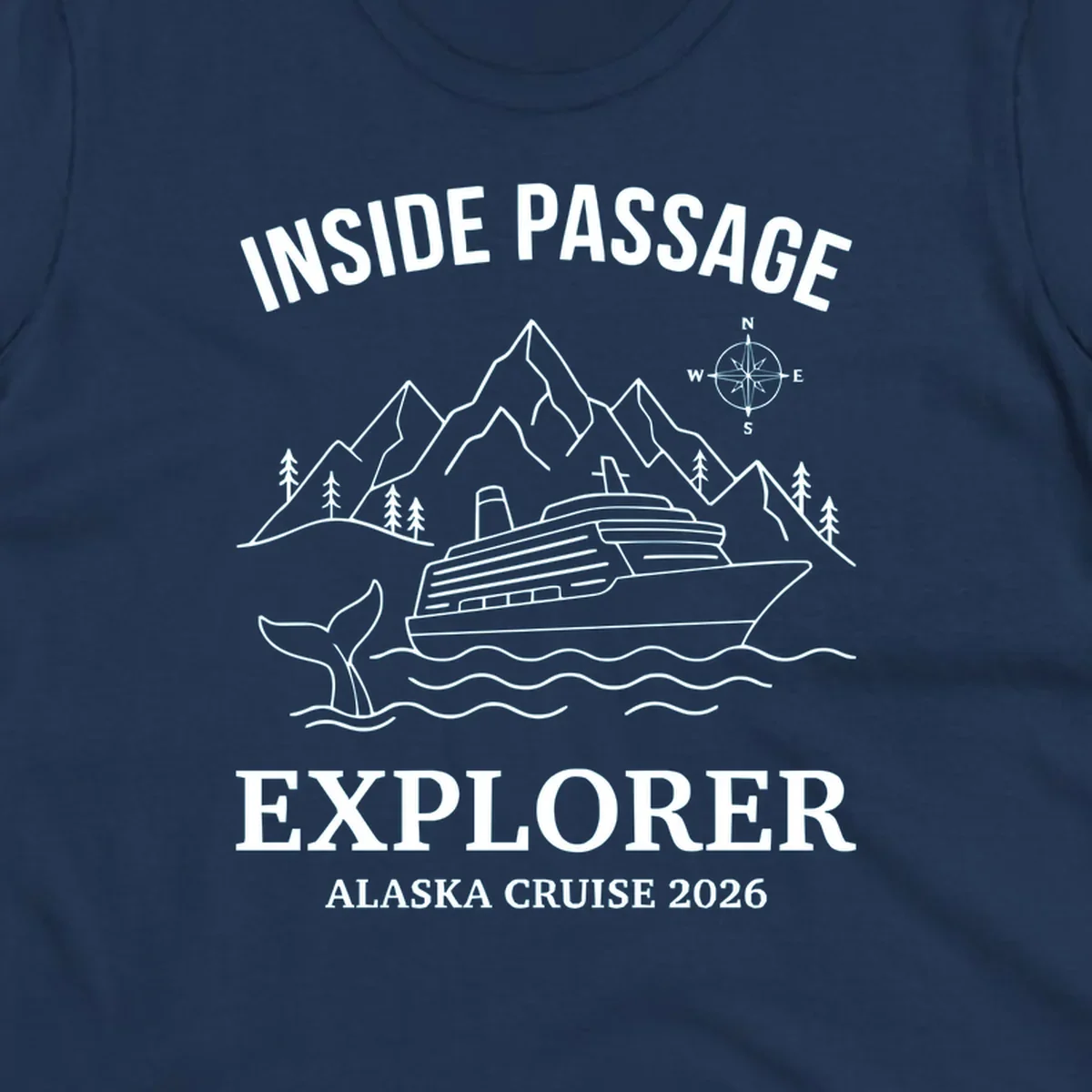 Line-art illustration of Inside Passage Explorer Alaska cruise design featuring cruise ship, mountains, whale, and compass rose