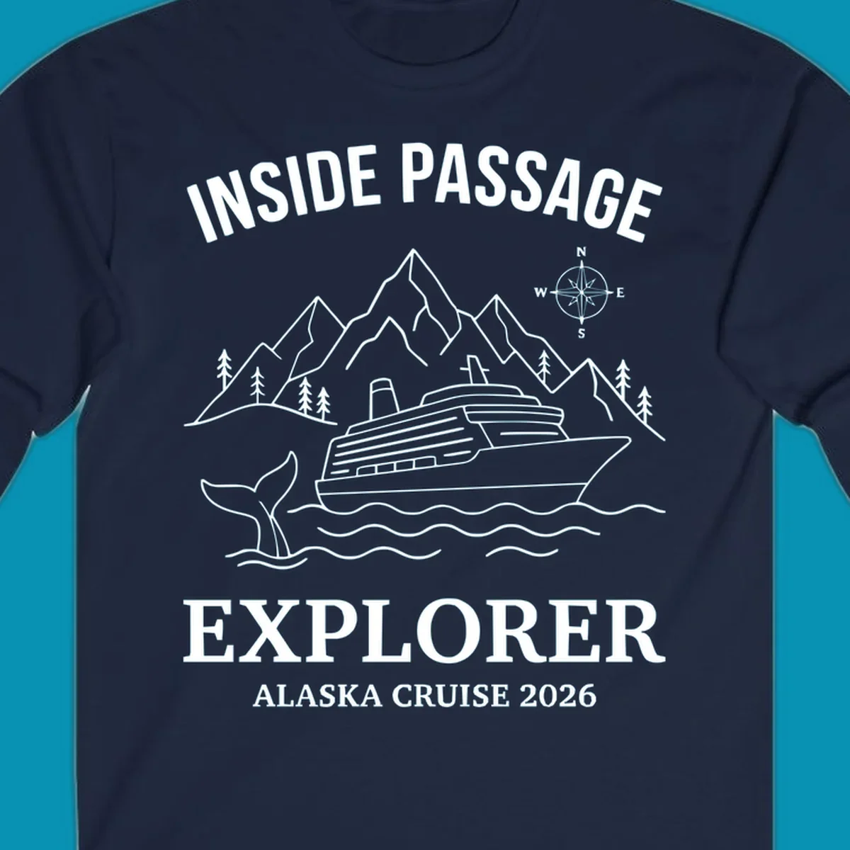 Line-art illustration of Inside Passage Explorer Alaska cruise design featuring cruise ship, mountains, whale, and compass rose