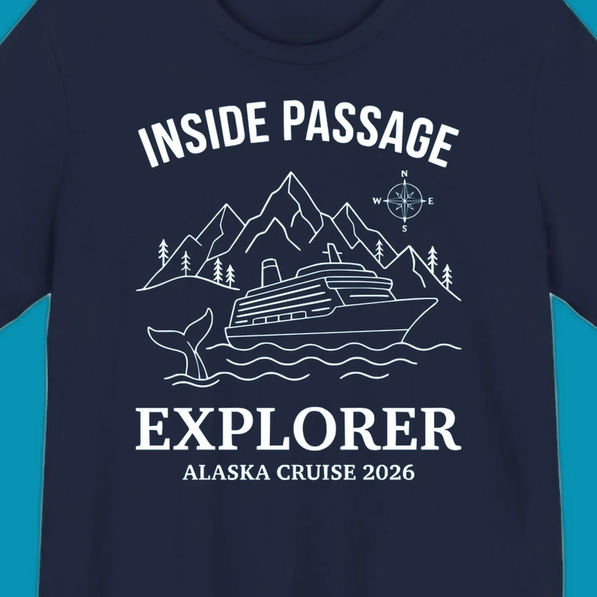 Line-art illustration of Inside Passage Explorer Alaska cruise design featuring cruise ship, mountains, whale, and compass rose