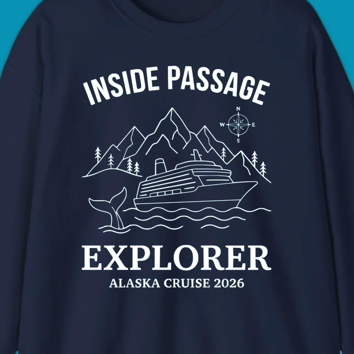 Line-art illustration of Inside Passage Explorer Alaska cruise design featuring cruise ship, mountains, whale, and compass rose