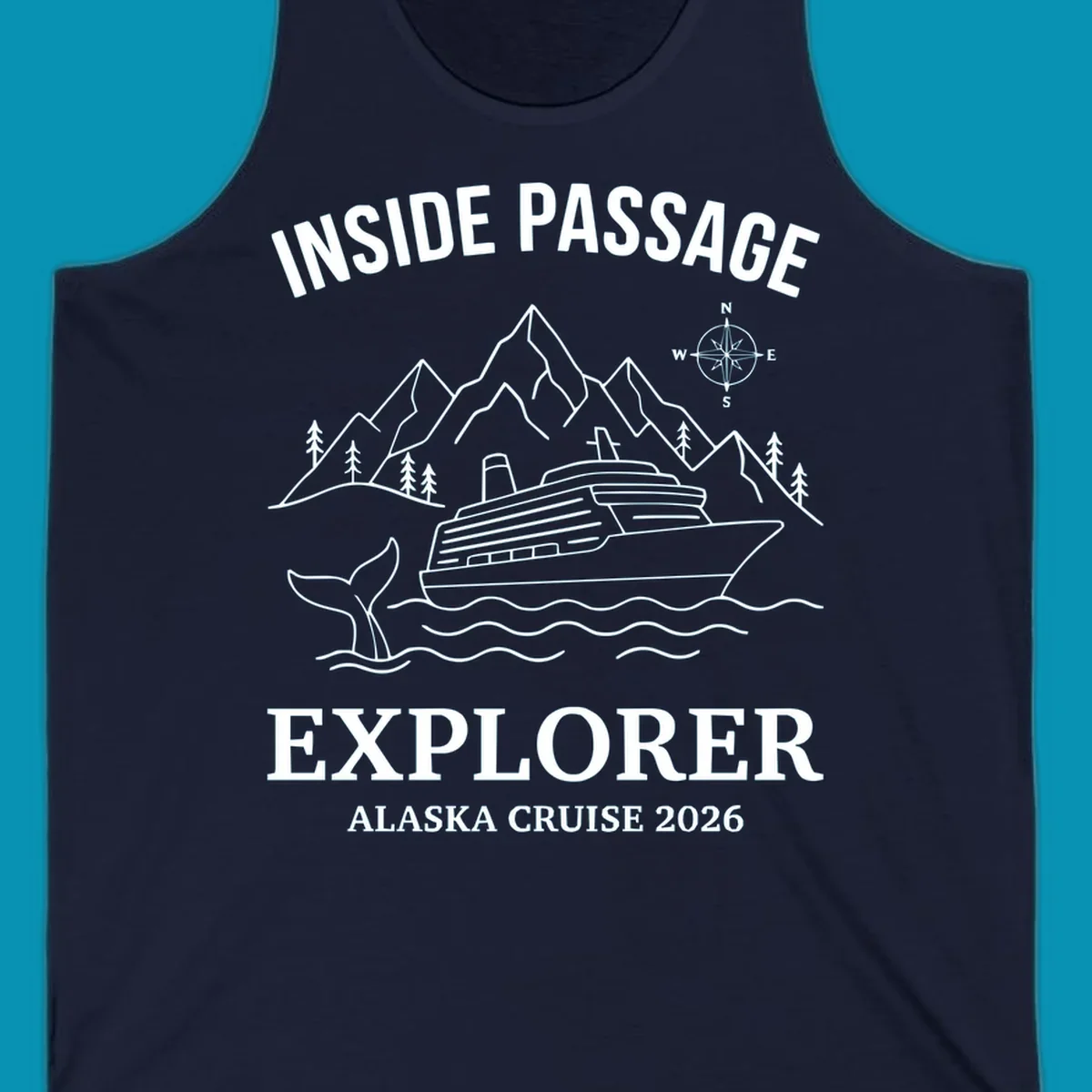 Line-art illustration of Inside Passage Explorer Alaska cruise design featuring cruise ship, mountains, whale, and compass rose