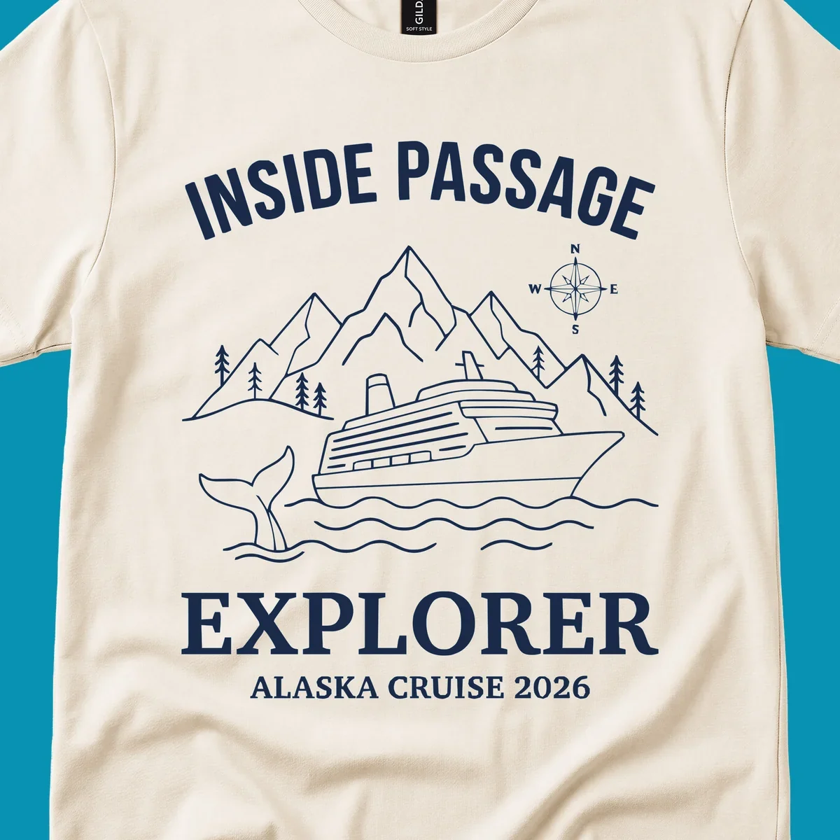 Line-art illustration of Inside Passage Explorer Alaska cruise design featuring cruise ship, mountains, whale, and compass rose