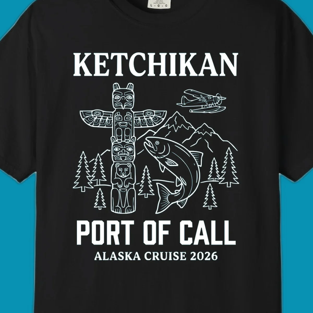 Ketchikan port of call design featuring totem pole, salmon, seaplane, mountains and trees for Alaska cruise 2026