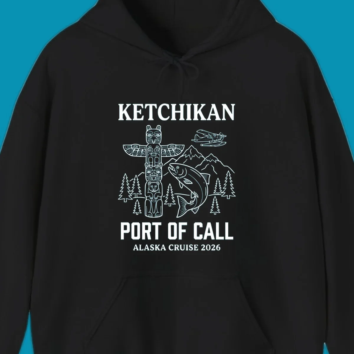 Ketchikan port of call design featuring totem pole, salmon, seaplane, mountains and trees for Alaska cruise 2026