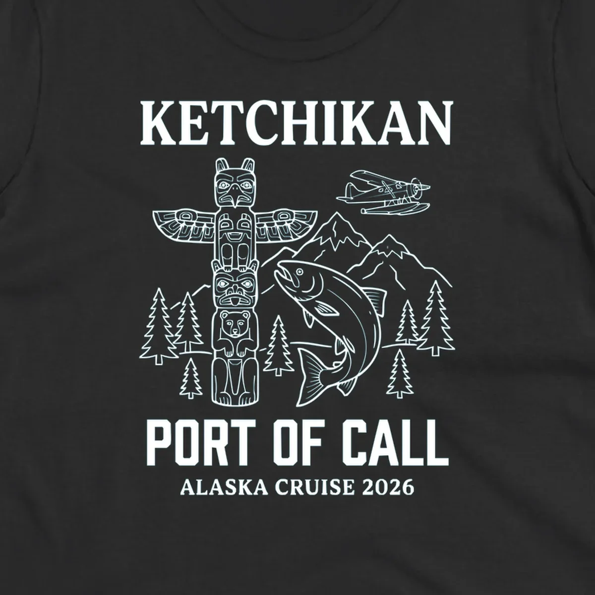 Ketchikan port of call design featuring totem pole, salmon, seaplane, mountains and trees for Alaska cruise 2026
