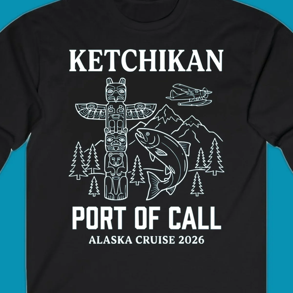 Ketchikan port of call design featuring totem pole, salmon, seaplane, mountains and trees for Alaska cruise 2026