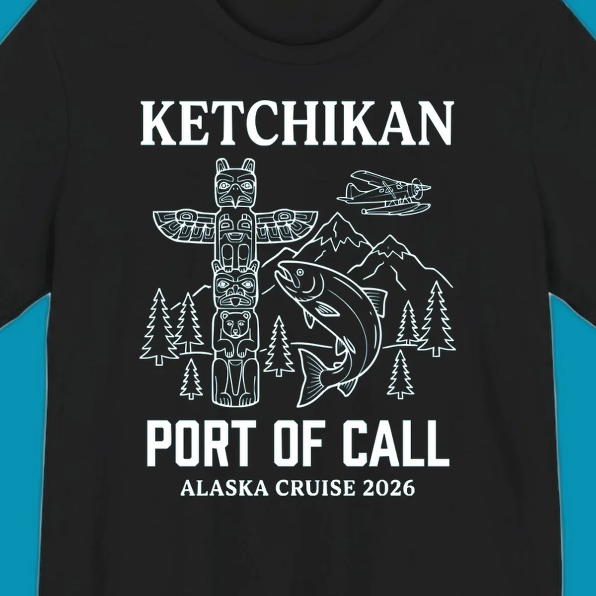 Ketchikan port of call design featuring totem pole, salmon, seaplane, mountains and trees for Alaska cruise 2026