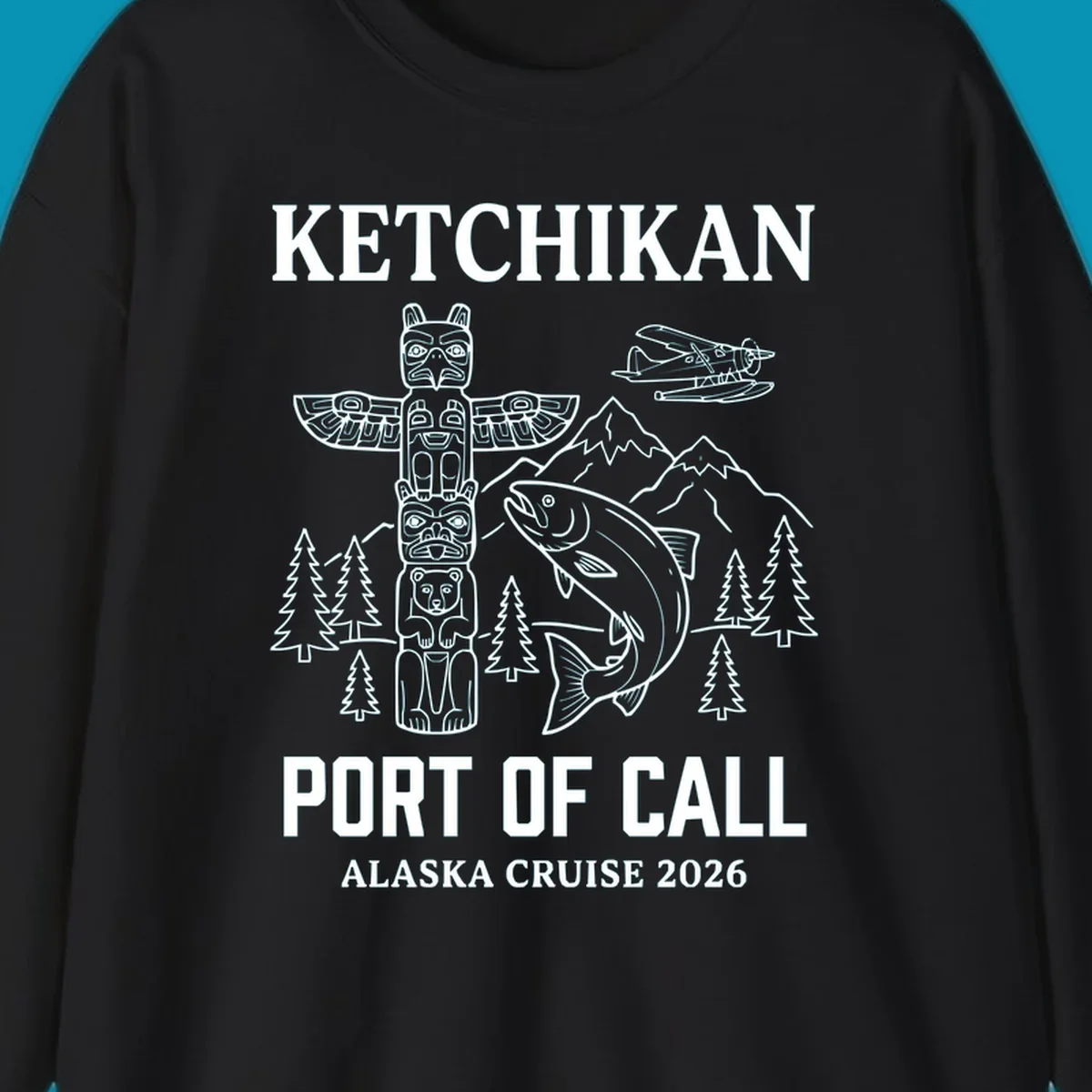 Ketchikan port of call design featuring totem pole, salmon, seaplane, mountains and trees for Alaska cruise 2026