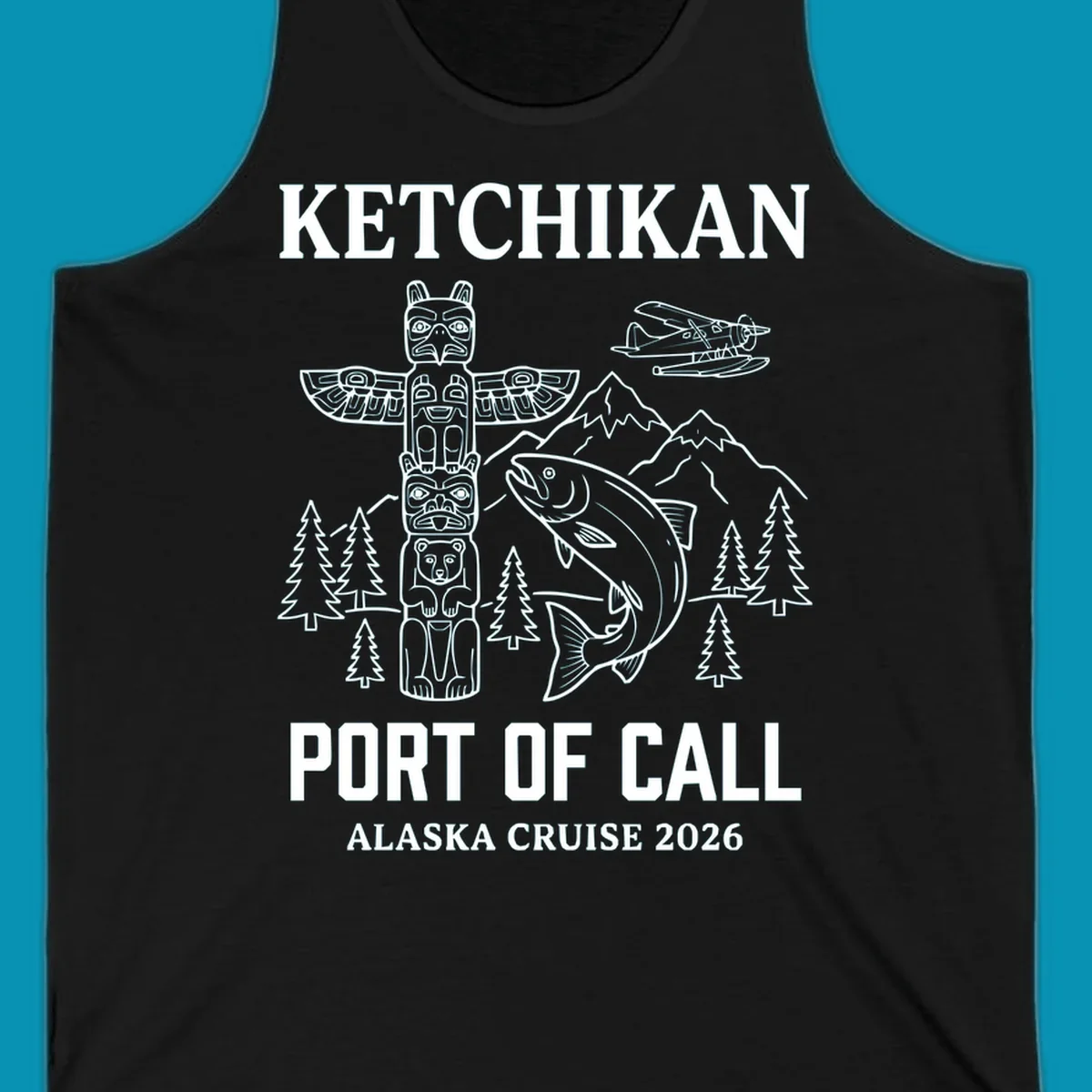 Ketchikan port of call design featuring totem pole, salmon, seaplane, mountains and trees for Alaska cruise 2026