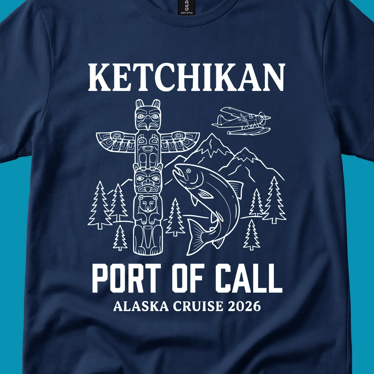 Ketchikan port of call design featuring totem pole, salmon, seaplane, mountains and trees for Alaska cruise 2026